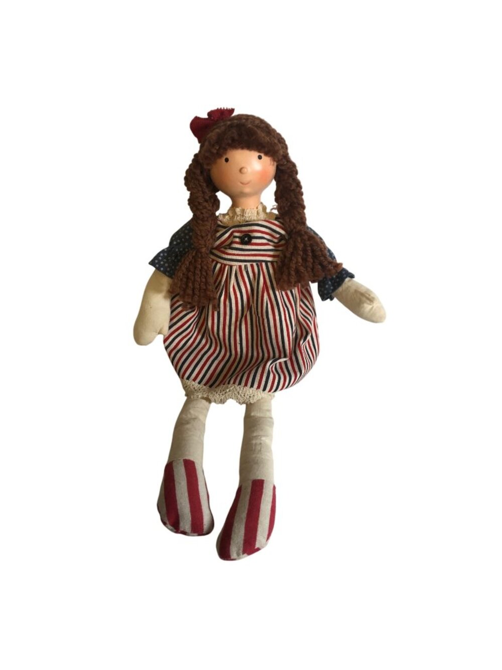Patriotic Primitive Doll Red White Blue Striped Dress Braids Weighted Bottom